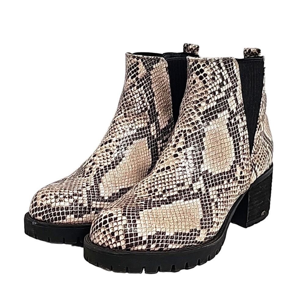 MIA Snake Print Chelsea Heeled Boots in Beige and Black